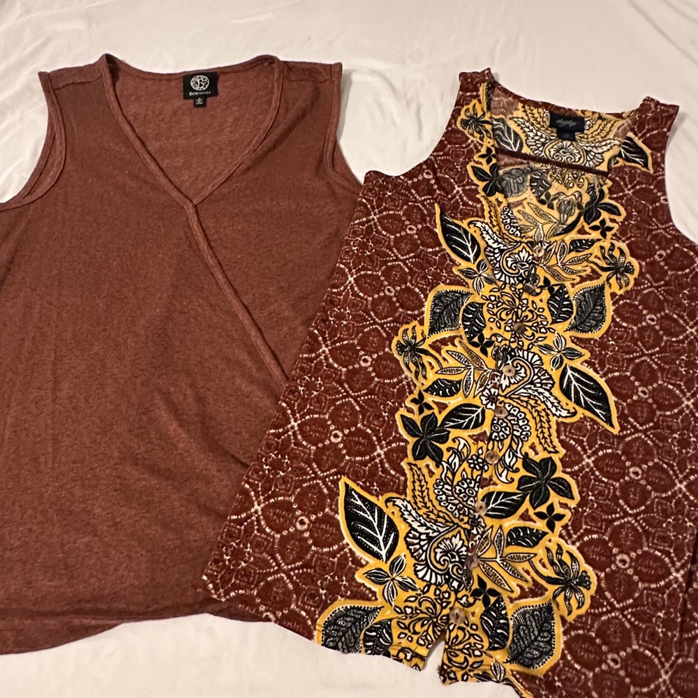 Bobeau-Daytrip Set Tank Top Womens Small Brown Exc Side Tie Slub Knit V-Neck